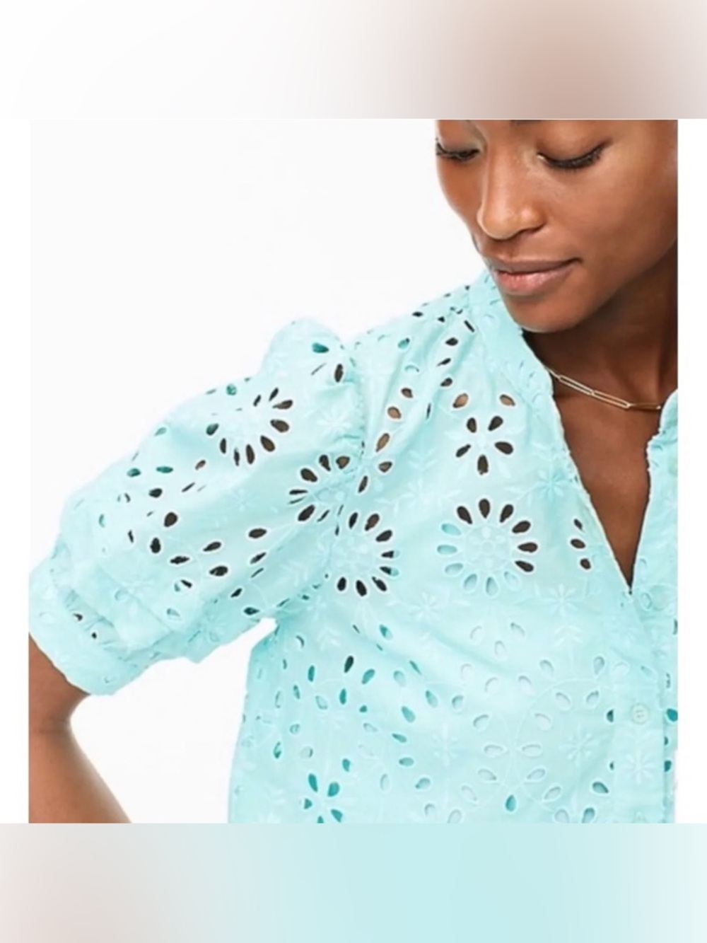 J.Crew Aqua Mint Eyelet Puff Sleeve Button Up Top S Boho Cottagecore - Picture 2 of 6
